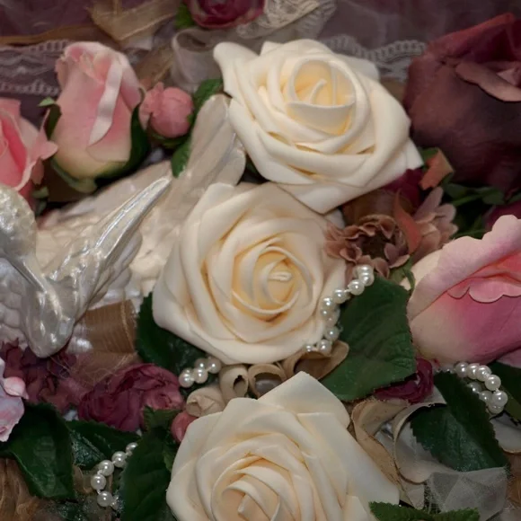 Shabby Chic Floral Arrangement in Upcycled Jewelry Box, Bird. Roses, Faux pearls